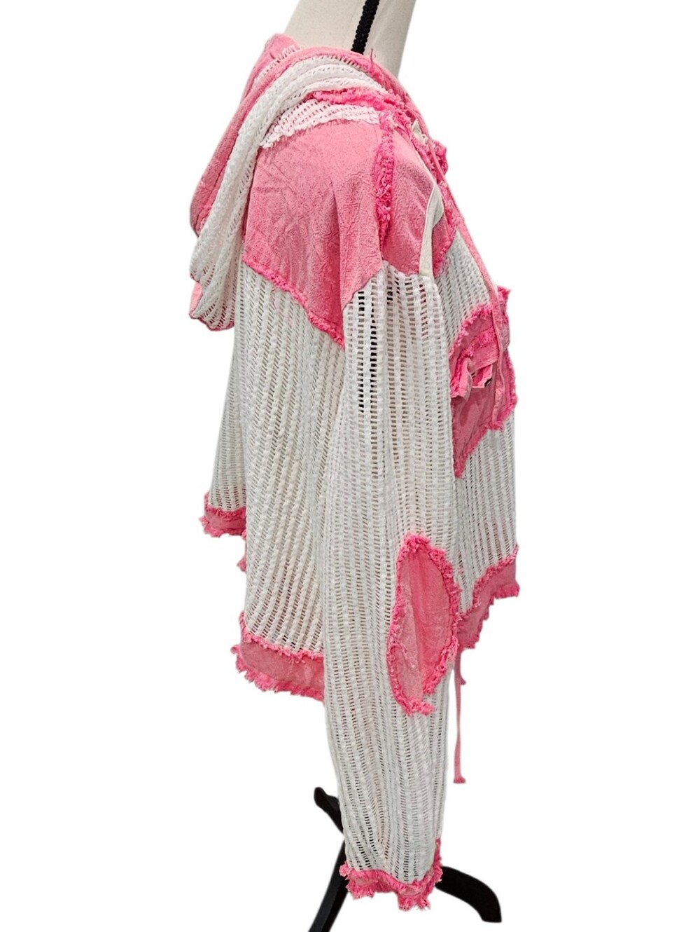 POL Pink and White Open Knit Button-Front Hooded Cotton Shirt NEW - Picture 4 of 8